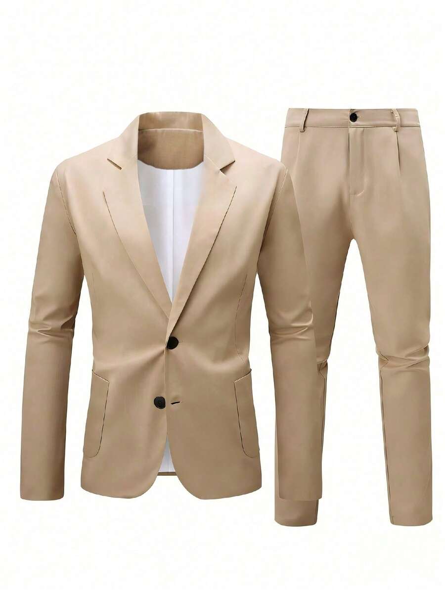 Calvornis Bộ vest công sở/thường ngày cỡ lớn cho nam, áo khoác blazer tay dài cài nút phía trước màu trơn và quần - Màu Khaki - Xem 1