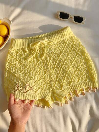 Comfortcana Quần short dệt kim nữ màu trơn, cạp chun, kiểu dáng thường ngày, đa năng, có dây rút.