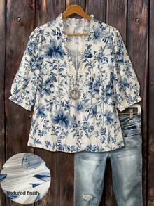 Linhara Plus Size Women Casual Bohemian Everyday Vacation Beach Commute Blue And White Blouse, Autumn Holiday - Multicolor - View 3