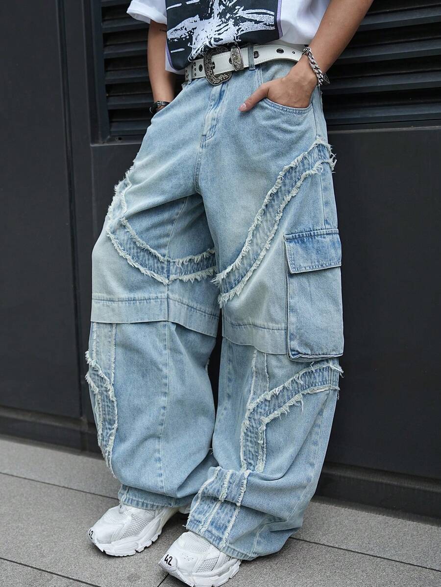 Manfinity EMRG Quần jeans denim nam phong cách thường ngày, kiểu dáng đường phố, gấu quần rách, túi nắp gập, không kèm thắt lưng. - Màu xanh lam - Xem 1