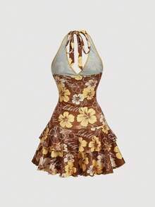 SHEIN MOD Đầm thời trang nữ in hoa, xếp tầng, bèo nhún, thắt eo, thích hợp cho kỳ nghỉ. - Nhiều màu - Xem 6
