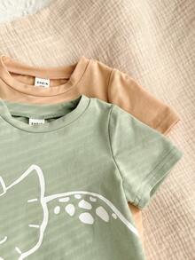 Ensemble 4 pièces bébé garçon d'été décontracté : T-shirt à manches courtes et short en tricot de couleur unie avec motifs en relief d'ours et de dinosaures - Multicolore - Voir 2