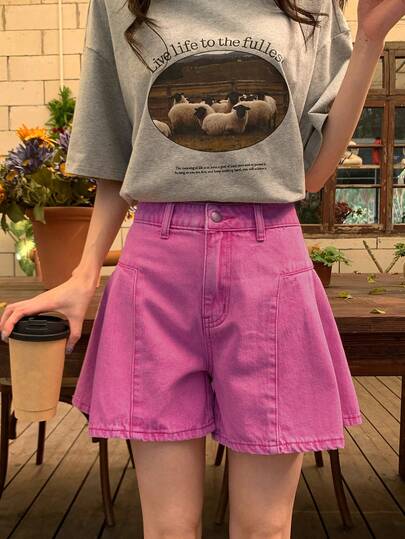 DAZY Quần short denim nữ kiểu Hàn Quốc phối nhiều mảnh vải.