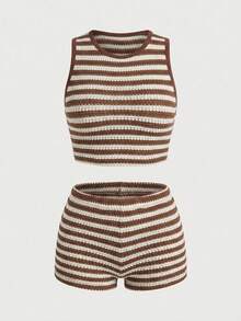 SHEIN PETITE Women's Casual Striped Cropped Tank Top And Shorts 2 Pieces Set, Summer - Multicolor - View 10