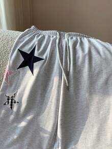 Comfortcana 女款星星刺繡抽繩腰休閒運動長褲，淺灰色冬季返校穿搭，Y2K舒適度假風，2026新款 - 灰色 - 查看 3