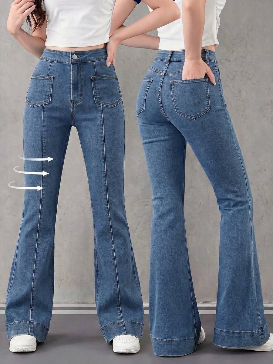 Quần jean denim thường ngày cho bé gái tuổi teen, thiết kế tối giản đa năng theo xu hướng thời trang mùa mới với túi trước và chi tiết rách, màu xanh nhạt, ống loe co giãn. - Màu xanh lam - Xem 1