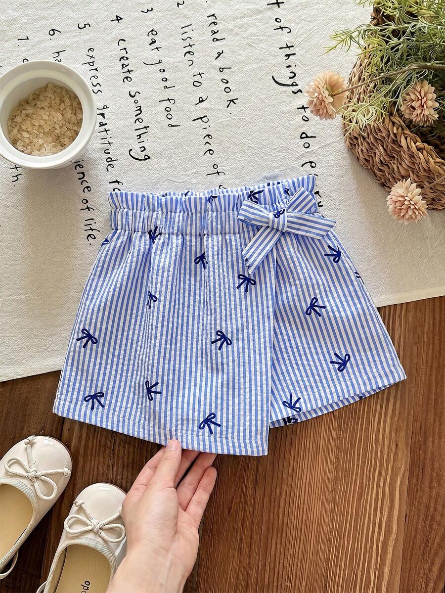 LMoss Kids 年轻女孩夏季休闲度假甜美可爱蝴蝶结条纹印花纸袋腰带短裙 - 藍色 - 查看 1