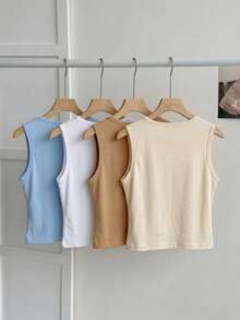 SHEIN Tween Girls' Solid Color Crew Neck Sleeveless Cropped Tank Top, Versatile For Summer,Squishy,Cotton,Morandi Color - Multicolor - View 3