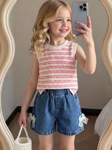 Elladie kids Completo estivo da ragazza composto da top smanicato a righe, rinfrescante ed energico, e shorts alla moda con decorazione a fiocco, vivace e dolce per uso quotidiano - Multicolore - Visualizzare 1