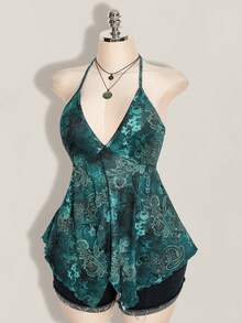 SHEIN ICON Áo kiểu nữ cỡ lớn mùa xuân hè, thích hợp đi chơi, nghỉ mát, phong cách retro, in họa tiết, hở lưng, cổ yếm, cổ chữ V, kiểu phương Tây, boho, đi biển, hippie, babydoll. - Màu xanh lam - Xem 3