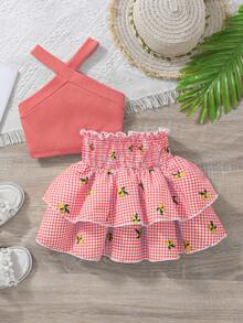 SHEIN Genkimix Kids Bộ đồ đi nghỉ hè cho bé gái, kiểu dáng thường ngày: áo tank top cổ yếm màu trơn và chân váy xếp ly họa tiết hoa nhí cạp chun, thích hợp cho mùa hè. - Hồng - Xem 2