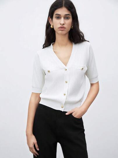 BizChic 女士单排扣短袖针织上衣，都市通勤商务休闲基础款衬衫，优雅女装