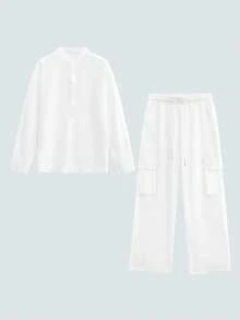 Modcrash Conjunto de camisa para hombre, estilo callejero casual de unicolor, largo y holgado, para exteriores, primavera y verano - Blanco - Ver 2