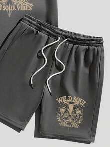 Solurane Conjunto casual masculino cinza escuro com estampa de ossos, cabeça de touro e apanhador de sonhos do Velho Oeste. - Cinza - Ver 4