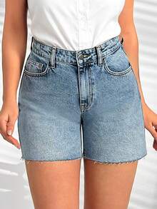 SHEIN Tägliche Lässig Mittlere Taille Damen Denim Shorts mit Reißverschluss Vorne, Mittelblau Waschung - Mittele Waschung - Übersicht 3