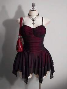 SHEIN ICON 大尺碼女款復古2000s/70s/90s哥德風黑色夏季夜店派對舞廳洋裝，Y2K網紗細肩帶修身不對稱下擺抓褶胸前設計 - 彩色 - 查看 1