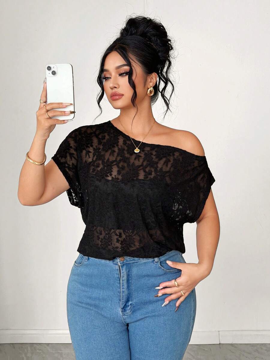 SHEIN Elenzya Áo thun nữ ren xuyên thấu gợi cảm mới về, thời trang mùa hè. - màu đen - Xem 1