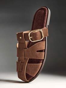 Solezae #QuietLuxury Sandalias de pescador con hebilla de ante vegano color camello para mujer - Elegantes, suaves y listas para las vacaciones. - Camel - Ver 7