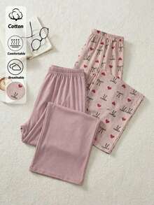 SHEIN Cotton Line 女士多色条纹爱心印花高腰两件套舒适休闲裤套装，适合日常穿着 - 彩色 - 查看 3