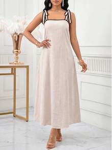 SHEIN Lady Đầm dài hai dây phối màu tương phản, phong cách boho, thích hợp cho kỳ nghỉ hè, du lịch hoặc tiệc tùng. - Màu be - Xem 4