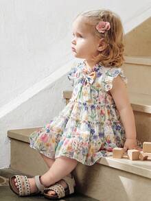 SHEIN Vintaside Kids Đầm dự tiệc họa tiết hoa, nơ trang trí, thời trang cho bé gái, thích hợp cho mùa xuân, hè, thu, ở nhà, đi nghỉ mát, lễ hội, dự tiệc và mặc hàng ngày. - Màu vàng - Xem 5