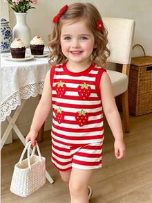 SHEIN Playful Pals 2件套女婴休闲度假风条纹水果草莓印花撞色针织背心和配套短裤套装，2026春夏新款时尚夏季服装 - 彩色 - 查看 3