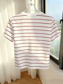 SHEIN Franclia Women's Red And White Striped Knit Sweater,Elegant French Minimalist Round Neck Short Sleeve T-Shirt,Summer Casual Versatile Chic Top For Brunch - Multicolor - View 2