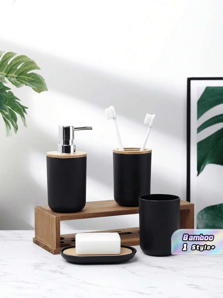 1件套浴室用品,带竹盖 - 可重复使用的乳液瓶、漱口杯、牙刷架和皂碟,水疗和梳妆台装饰,浴室配件,现代防水竹制收纳盒 - 黑色 - 查看 1