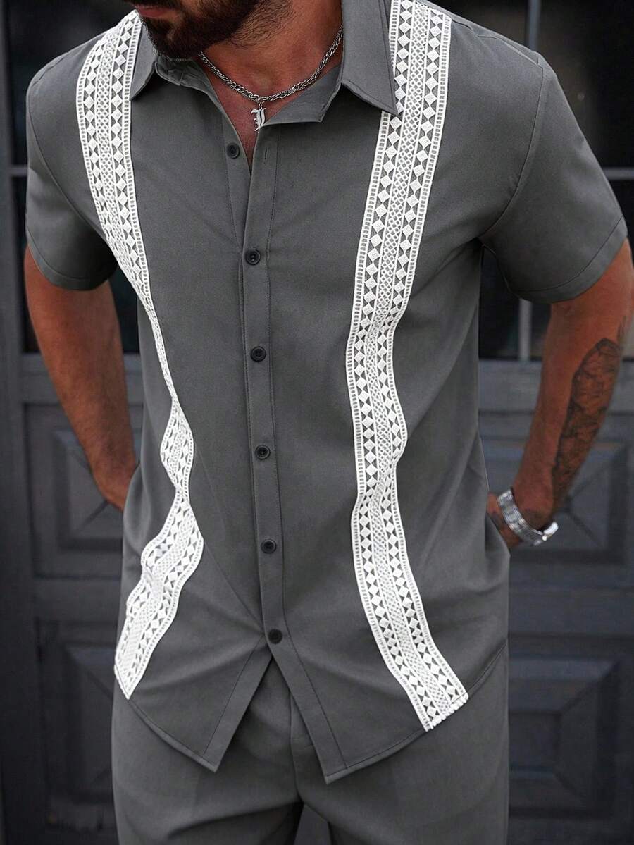 Manfinity CasualCool 男士撞色蕾丝短袖单排扣休闲衬衫 - 深灰色 - 查看 1