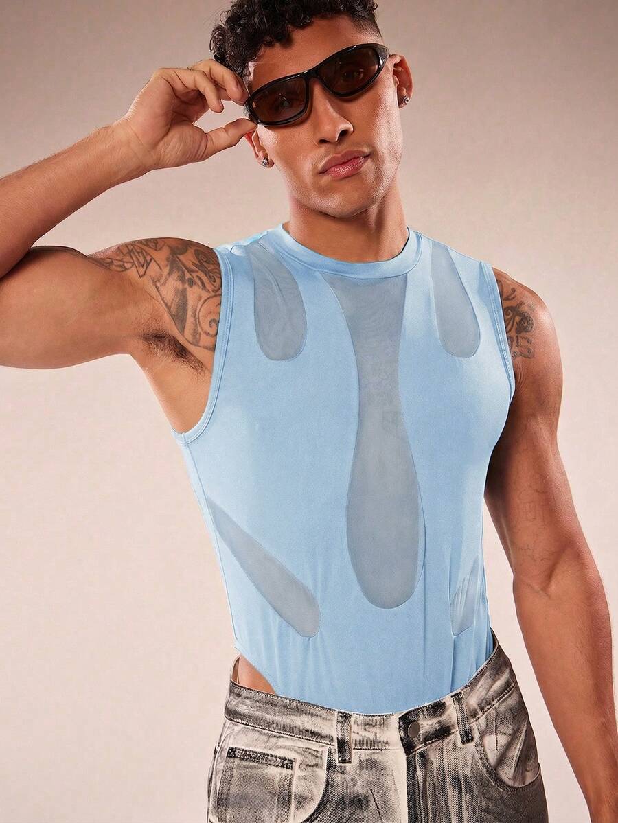 FeverCity Bodysuit Tanpa Lengan Seksi Pria dengan Motif Jala dan Patchwork