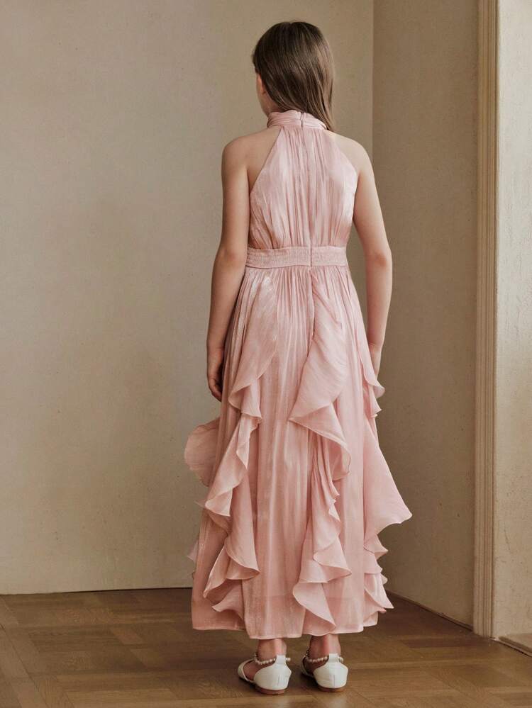Summer French Elegant Pink Iridescent Ruffle Trim Halter Neck Girls Dress