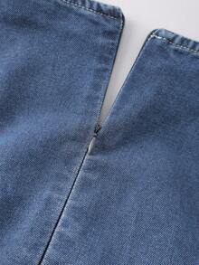 GlowEve Đầm denim tay ngắn cổ vuông dáng casual mùa hè dành cho nữ - Rửa trung bình - Xem 3