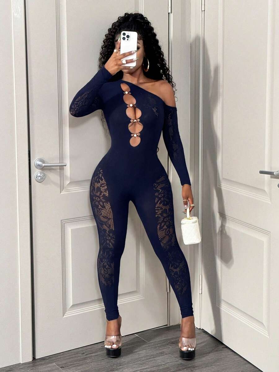 BamGleam Solid Color Asymmetrical Shoulder Long Sleeve Fitted Hollow-Out Lace Sexy Bandage Mesh Top Night Out Navy Blue Autumn - Blue - View 1