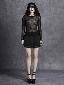 Glisette 女士优雅性感蜘蛛网网纱透视长袖上衣和迷你裙套装，适合春、夏、秋季穿着。 - 黑色 - 查看 1