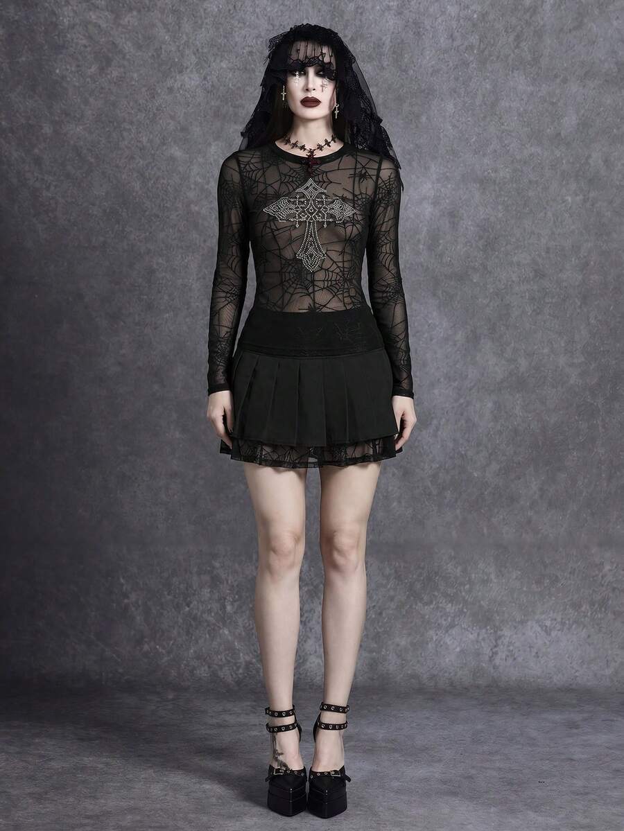Glisette 女士优雅性感蜘蛛网网纱透视长袖上衣和迷你裙套装，适合春、夏、秋季穿着。 - 黑色 - 查看 1