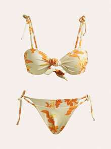 Anewsta Bộ bikini hở lưng, họa tiết hoa, thắt nút xoắn, thích hợp cho kỳ nghỉ hè ở bãi biển dành cho nữ. - Nhiều màu - Xem 1