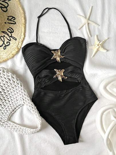 SHEIN Tween Girls Vacation V-Neck Halter Tied Floral Metal Buckle Black Knit Textured Fitted One-Piece Swimsuit