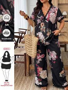 SHEIN CURVE+ 大码女式V领蕾丝边印花上衣和阔腿裤休闲两件套 - 彩色 - 查看 1