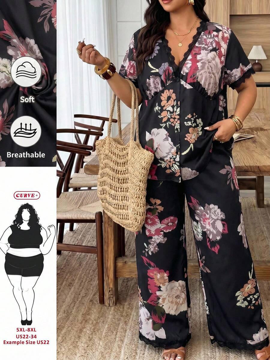 SHEIN CURVE+ 大码女式V领蕾丝边印花上衣和阔腿裤休闲两件套 - 彩色 - 查看 1