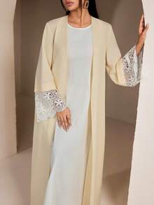 Veilorie Women's Elegant Patchwork Water-Soluble Lace Front Open Abaya Robe - Yellow - View 7