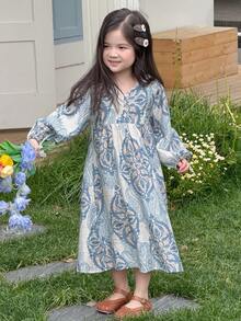 Dazy Kids Retro Print Long Sleeve A-Line Casual Dress For Little Young Girls - Blue - View 4