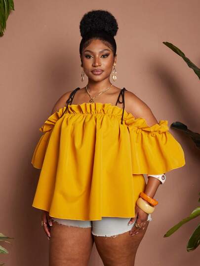 Maweii Blusa casual de hombros descubiertos de estilo retro amarilla para mujer de talla grande