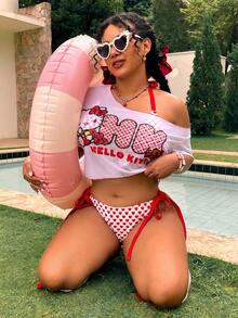 Swim Mod HELLO KITTY AND FRIENDS | SHEIN مجموعة بكيني مطبوعة بالزهور للنساء ذوات الحجم الكبير، عطلة عادية - وردي - مشاهدة 6