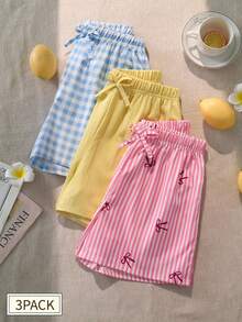 Sparklyn Bộ quần short kẻ sọc 3 món cho bé gái tuổi teen, màu vàng/xanh dương/hồng, cạp nơ, dáng rộng thoải mái, thích hợp mặc hàng ngày, chơi đùa và thư giãn ở nhà. - Nhiều màu - Xem 1