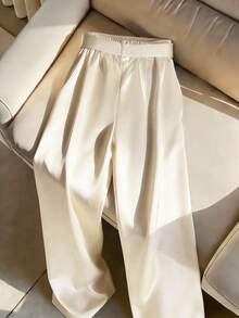 Franclia Women's New Metal Buckle Waist Belt Decor Casual Minimalist Wide Leg Pants - Beige - View 2