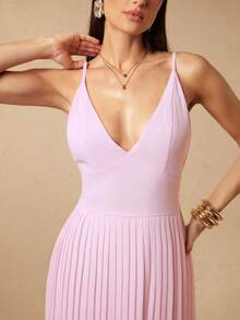 Silquee Light Pink Summer Elegant Wedding Ninang Women's V-Neck Chiffon-Trimmed Pleated A-Line Maxi Dress,Perfect For Banquet Party Or Evening Occasions - Baby Pink - View 4