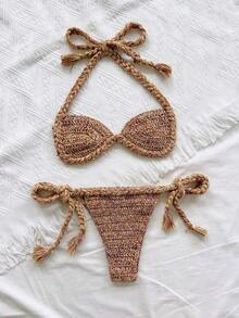 Soleia Conjunto de saída de praia triangular com amarração em corda grossa no pescoço para mulheres - Multicolorido - Ver 5
