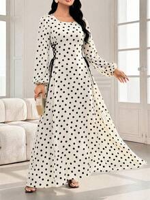 Modelyn Đầm cổ tròn tay phồng có dây rút bên hông, in họa tiết hai màu. - trắng - Xem 5