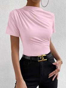 Chiquease Camiseta feminina de manga curta, lisa, plissada, casual e versátil para uso diário. - Rosa - Ver 4