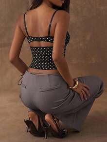 SHEIN BAE Áo hai dây nữ thanh lịch phối ren chấm bi cho mùa hè - màu đen - Xem 2